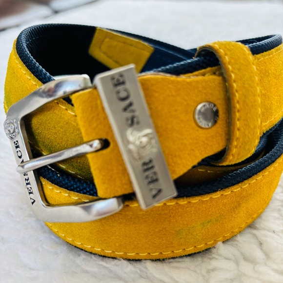 Versace Vtg Yellow Suede Vera Pelle Genuine Leather Belt with Silver Buckle 36 - Picture 11 of 16